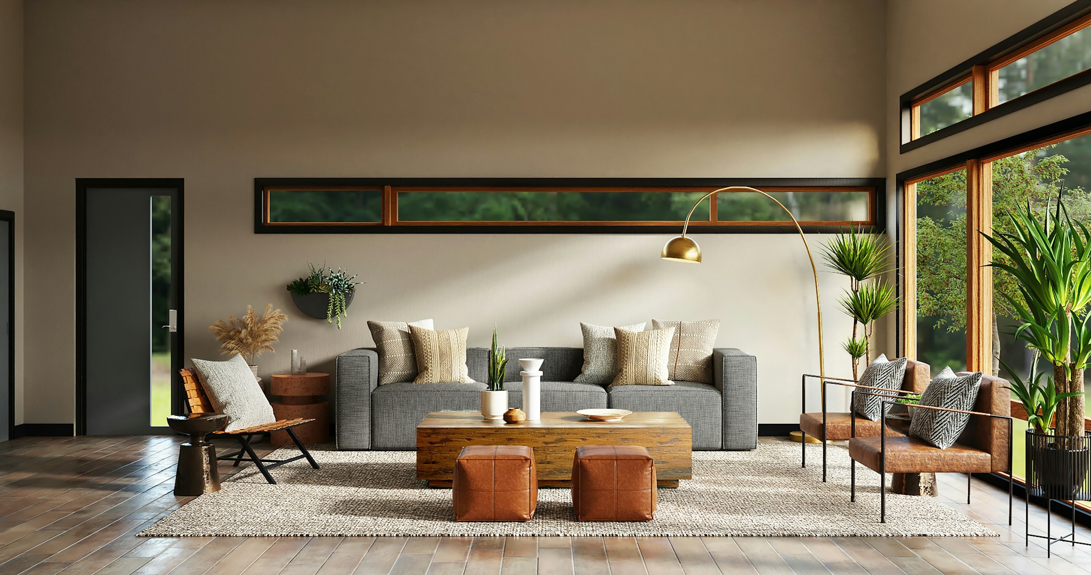Sunlit contemporary living space with natural wood and garden views
